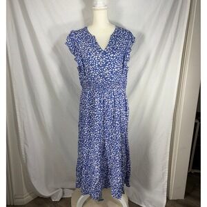 Floral Ruffle Cap Sleeve Smocked Waist Midi Dress Blue White XL